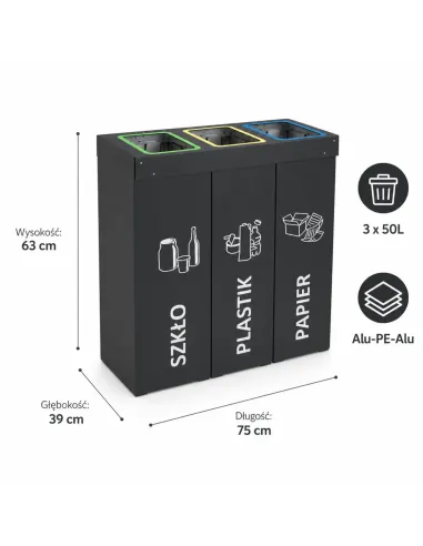 Kosz do segregacji DENEB 3x50L antracyt | 3-komorowy pojemnik