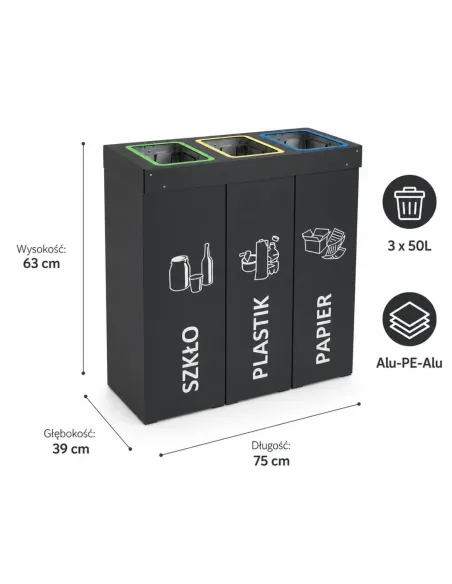 Kosz do segregacji DENEB 3x50L antracyt | 3-komorowy pojemnik