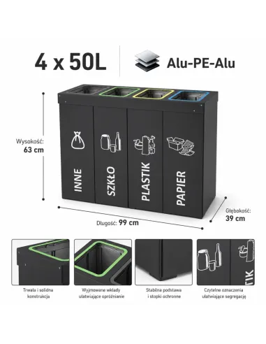 Kosz do segregacji DENEB 4x50L antracyt | 4-komorowy pojemnik