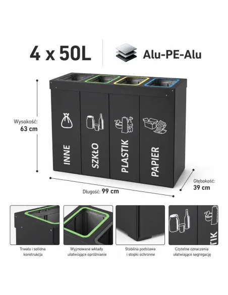 Kosz do segregacji DENEB 4x50L antracyt | 4-komorowy pojemnik