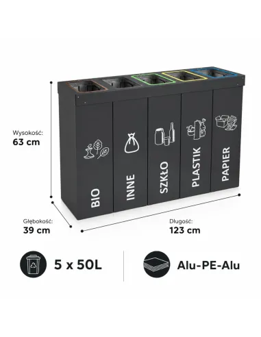 Kosz do segregacji DENEB 5x50L antracyt | 5-komorowy pojemnik