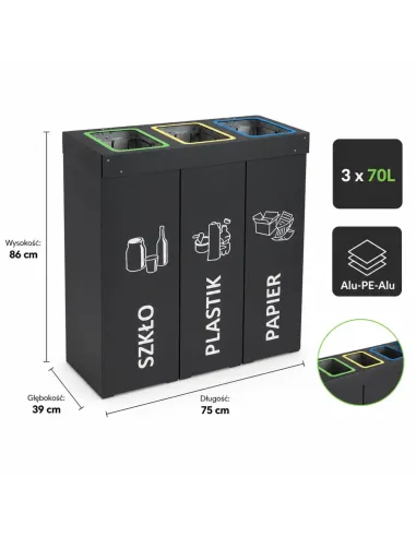 Kosz do segregacji DENEB 3x70L antracyt | 3-komorowy pojemnik