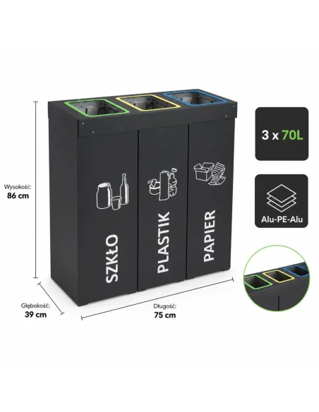 Kosz do segregacji DENEB 3x70L antracyt | 3-komorowy pojemnik