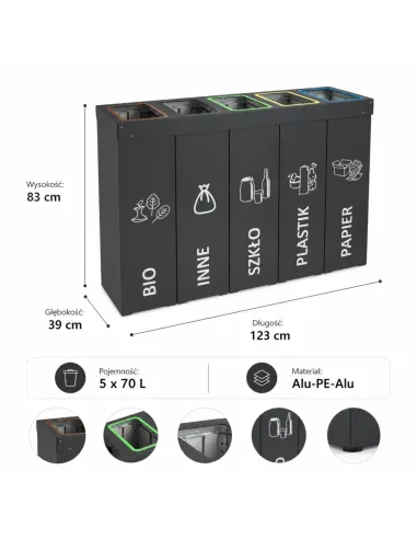 Kosz do segregacji DENEB 5x70L antracyt | 5-komorowy pojemnik