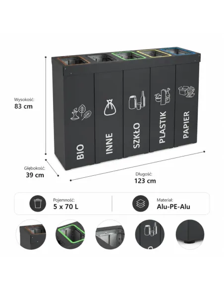 Kosz do segregacji DENEB 5x70L antracyt | 5-komorowy pojemnik