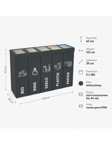 Kosz do segregacji DENEB 5x50L INOX antracyt | 5-komorowy pojemnik