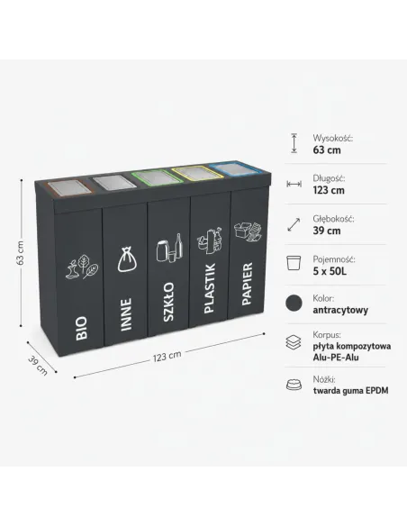 Kosz do segregacji DENEB 5x50L INOX antracyt | 5-komorowy pojemnik