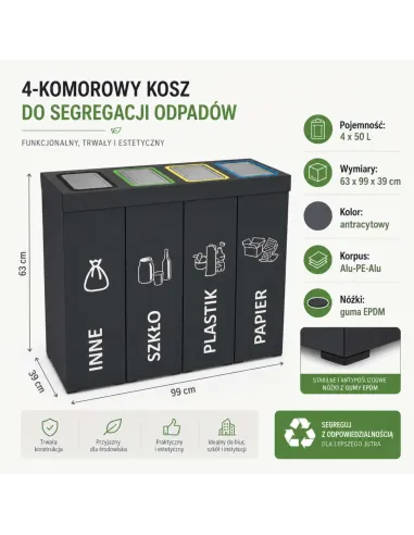Kosz do segregacji DENEB 4x50L INOX antracyt | 4-komorowy pojemnik