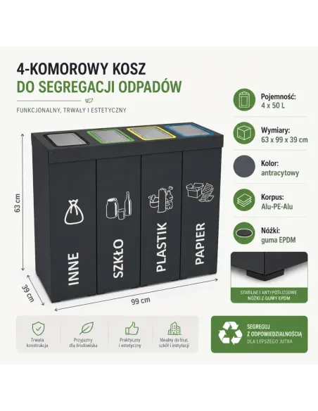 Kosz do segregacji DENEB 4x50L INOX antracyt | 4-komorowy pojemnik