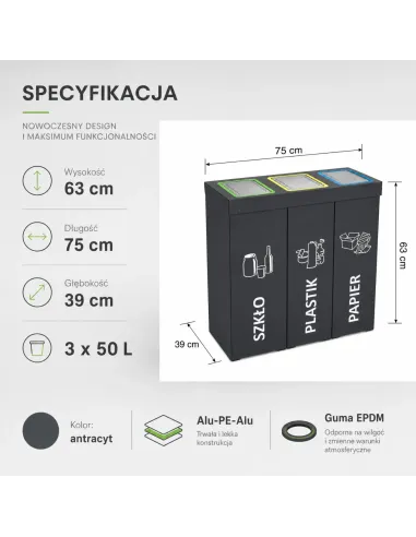 Kosz do segregacji DENEB 3x50L INOX antracyt | 3-komorowy pojemnik
