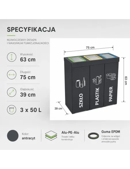 Kosz do segregacji DENEB 3x50L INOX antracyt | 3-komorowy pojemnik