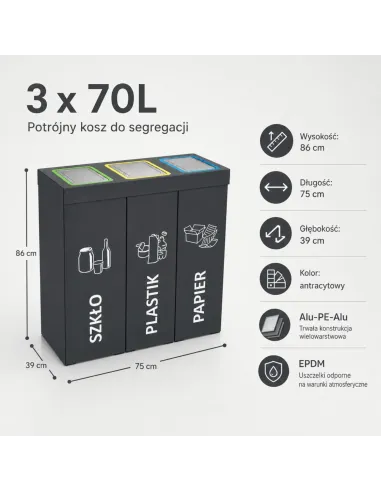 Kosz do segregacji DENEB 3x70L INOX antracyt | 3-komorowy pojemnik