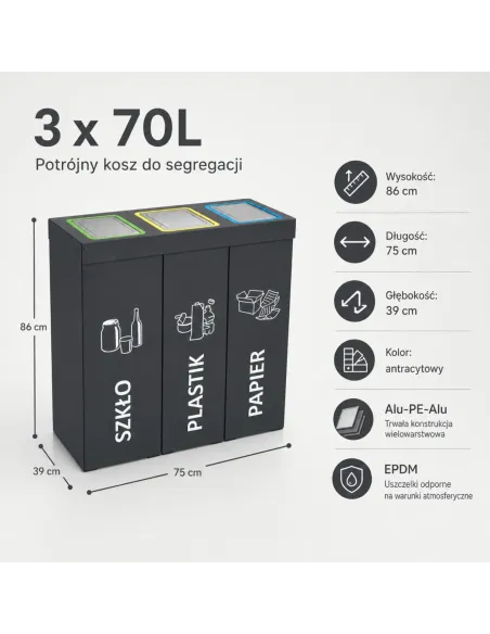 Kosz do segregacji DENEB 3x70L INOX antracyt | 3-komorowy pojemnik
