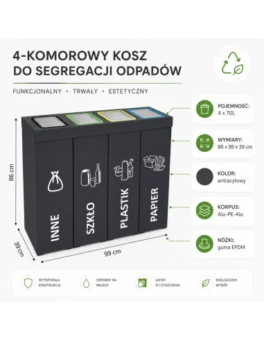 Kosz do segregacji DENEB 4x70L INOX antracyt | 4-komorowy pojemnik