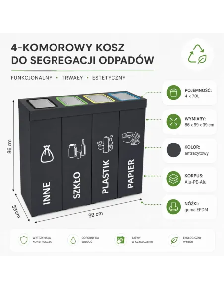 Kosz do segregacji DENEB 4x70L INOX antracyt | 4-komorowy pojemnik