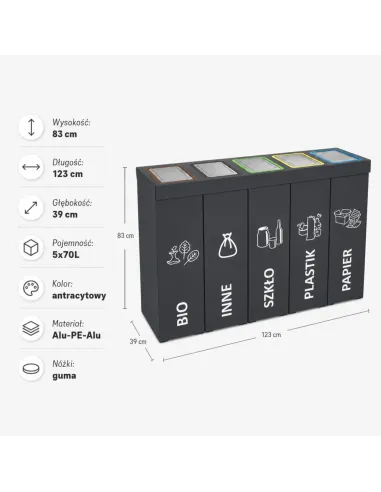 Kosz do segregacji DENEB 5x70L INOX antracyt | 5-komorowy pojemnik