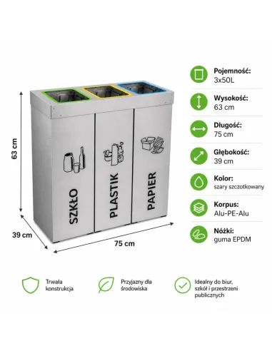 Kosz do segregacji DENEB 3x50L srebrny szczotkowany | 3-komorowy pojemnik
