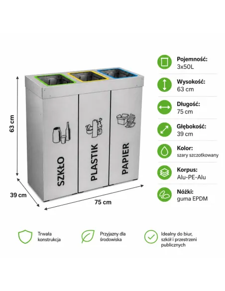 Kosz do segregacji DENEB 3x50L srebrny szczotkowany | 3-komorowy pojemnik