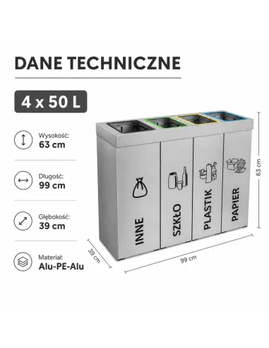 Kosz do segregacji DENEB 4x50L srebrny szczotkowany | 4-komorowy pojemnik