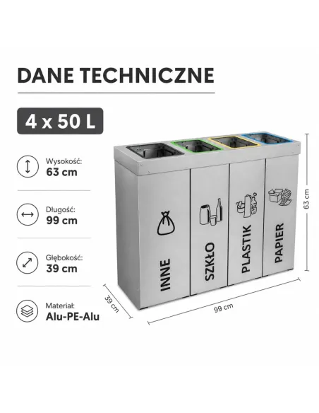 Kosz do segregacji DENEB 4x50L srebrny szczotkowany | 4-komorowy pojemnik
