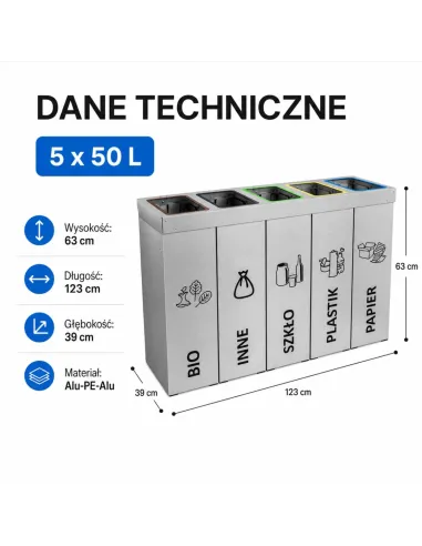 Kosz do segregacji DENEB 5x50L srebrny szczotkowany | 5-komorowy pojemnik