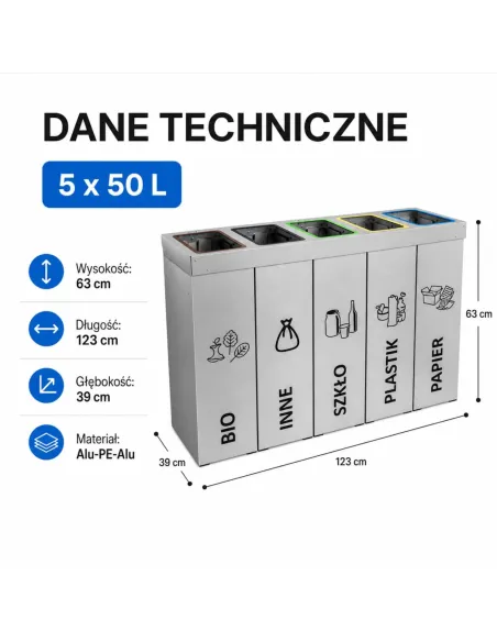 Kosz do segregacji DENEB 5x50L srebrny szczotkowany | 5-komorowy pojemnik