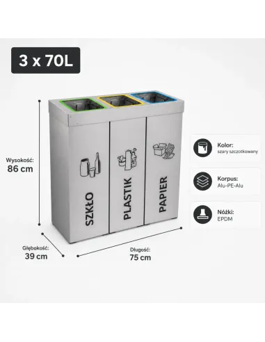 Kosz do segregacji DENEB 3x70L srebrny szczotkowany | 3-komorowy pojemnik