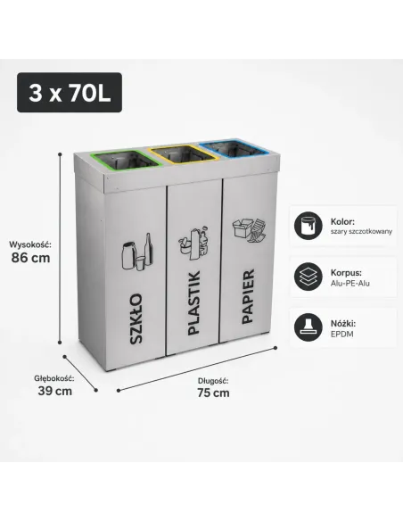 Kosz do segregacji DENEB 3x70L srebrny szczotkowany | 3-komorowy pojemnik