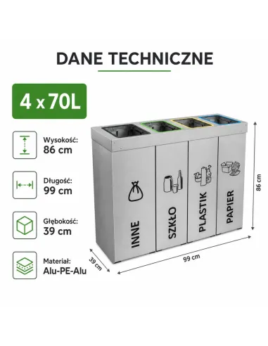 Kosz do segregacji DENEB 4x70L srebrny szczotkowany | 4-komorowy pojemnik
