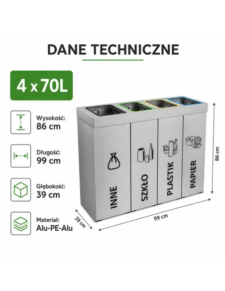 Kosz do segregacji DENEB 4x70L srebrny szczotkowany | 4-komorowy pojemnik