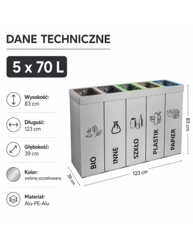 Kosz do segregacji DENEB 5x70L srebrny szczotkowany | 5-komorowy pojemnik