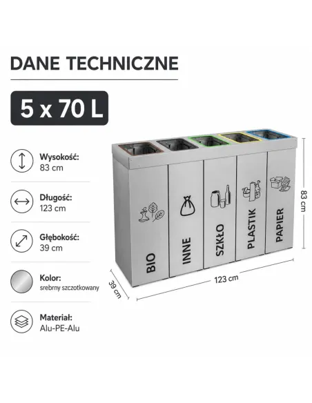 Kosz do segregacji DENEB 5x70L srebrny szczotkowany | 5-komorowy pojemnik
