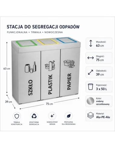 Kosz do segregacji DENEB 3x50L INOX srebrny szczotkowany | 3-komorowy pojemnik