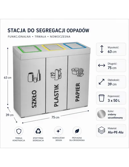 Kosz do segregacji DENEB 3x50L INOX srebrny szczotkowany | 3-komorowy pojemnik