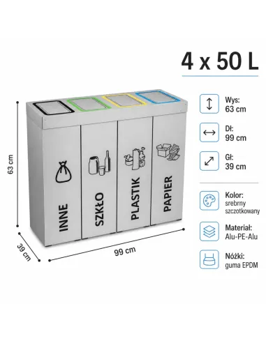 Kosz do segregacji DENEB 4x50L INOX srebrny szczotkowany | 4-komorowy pojemnik