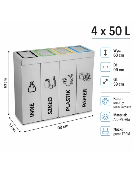Kosz do segregacji DENEB 4x50L INOX srebrny szczotkowany | 4-komorowy pojemnik