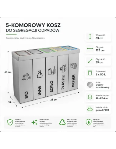 Kosz do segregacji DENEB 5x50L INOX srebrny szczotkowany | 5-komorowy pojemnik
