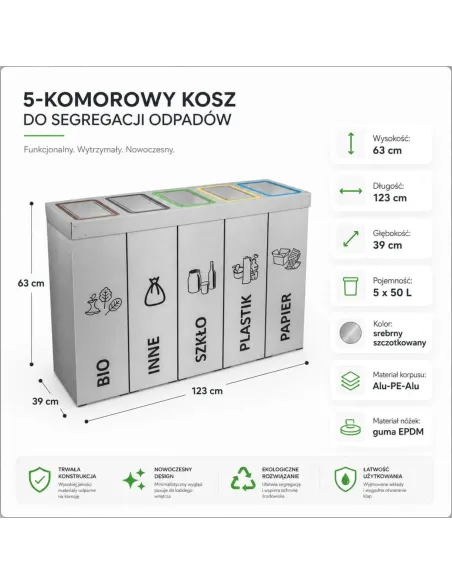 Kosz do segregacji DENEB 5x50L INOX srebrny szczotkowany | 5-komorowy pojemnik