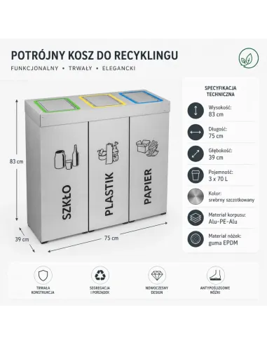 Kosz do segregacji DENEB 3x70L INOX srebrny szczotkowany | 3-komorowy pojemnik