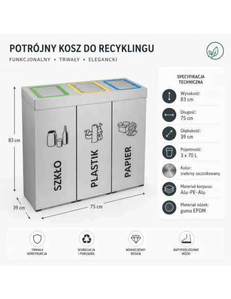 Kosz do segregacji DENEB 3x70L INOX srebrny szczotkowany | 3-komorowy pojemnik