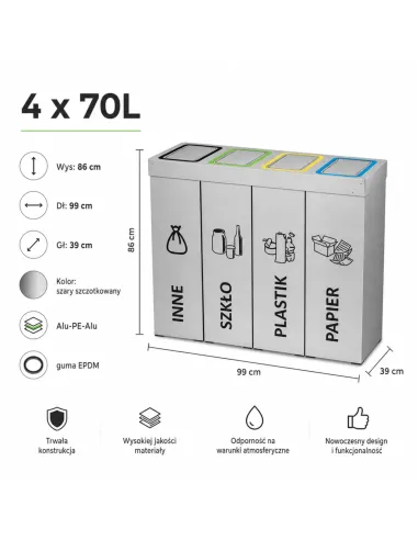Kosz do segregacji DENEB 4x70L INOX srebrny szczotkowany | 4-komorowy pojemnik