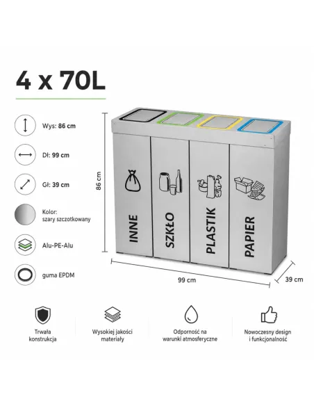 Kosz do segregacji DENEB 4x70L INOX srebrny szczotkowany | 4-komorowy pojemnik