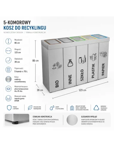 Kosz do segregacji DENEB 5x70L INOX srebrny szczotkowany | 5-komorowy pojemnik