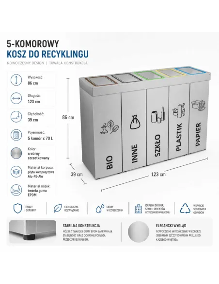 Kosz do segregacji DENEB 5x70L INOX srebrny szczotkowany | 5-komorowy pojemnik