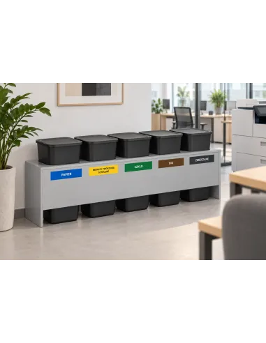 Wizualizacja stacji do segregacji 5 × 25 l z szarą obudową MDF w biurze.