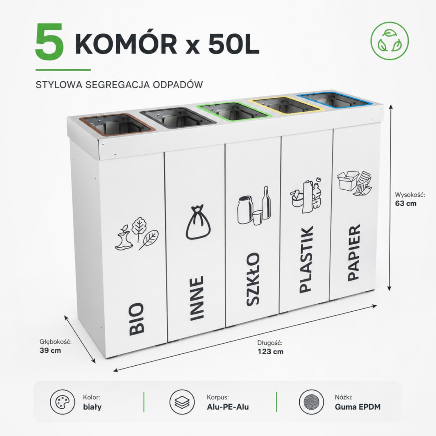 Kosz do segregacji DENEB 5 x 50 L biały &ndash; modułowy pojemnik do segregacji odpad&oacute;w z wymiarami i oznaczeniem pięciu frakcji.