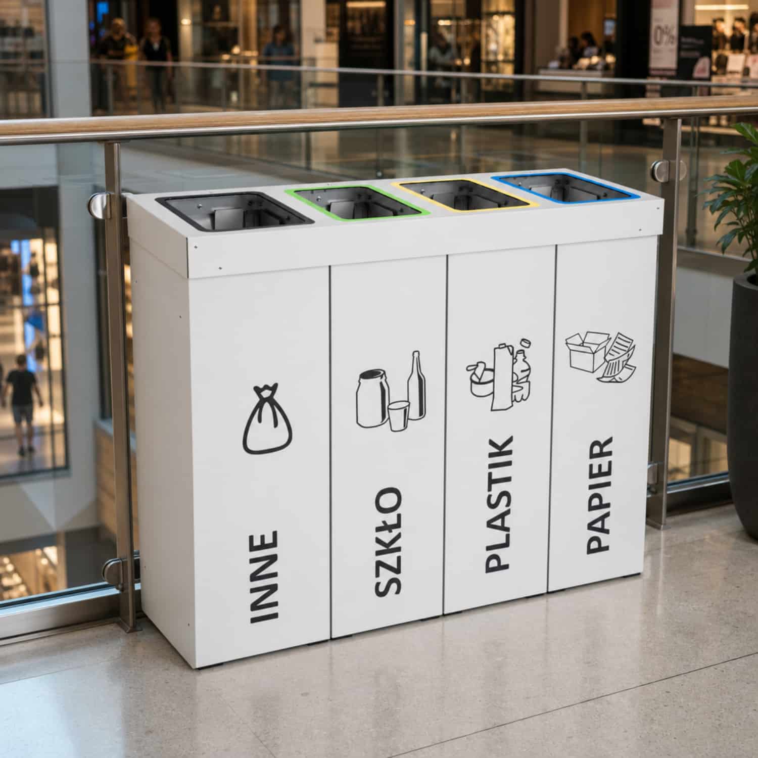 Czterokomorowy kosz do segregacji DENEB 4 x 70 L w galerii handlowej &ndash; estetyczny pojemnik do segregacji odpad&oacute;w w przestrzeni komercyjnej.