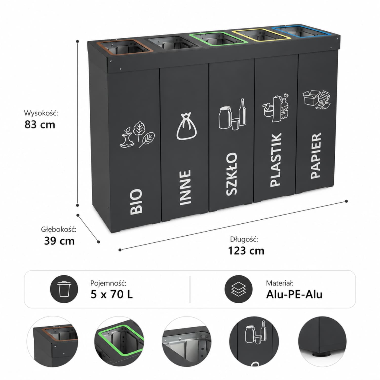 Specyfikacja kosza do segregacji DENEB 5 x 70L &ndash; wymiary 123 &times; 83 &times; 39 cm, pojemność 350 litr&oacute;w, materiał Alu-PE-Alu, pięć kom&oacute;r do segregacji odpad&oacute;w.
