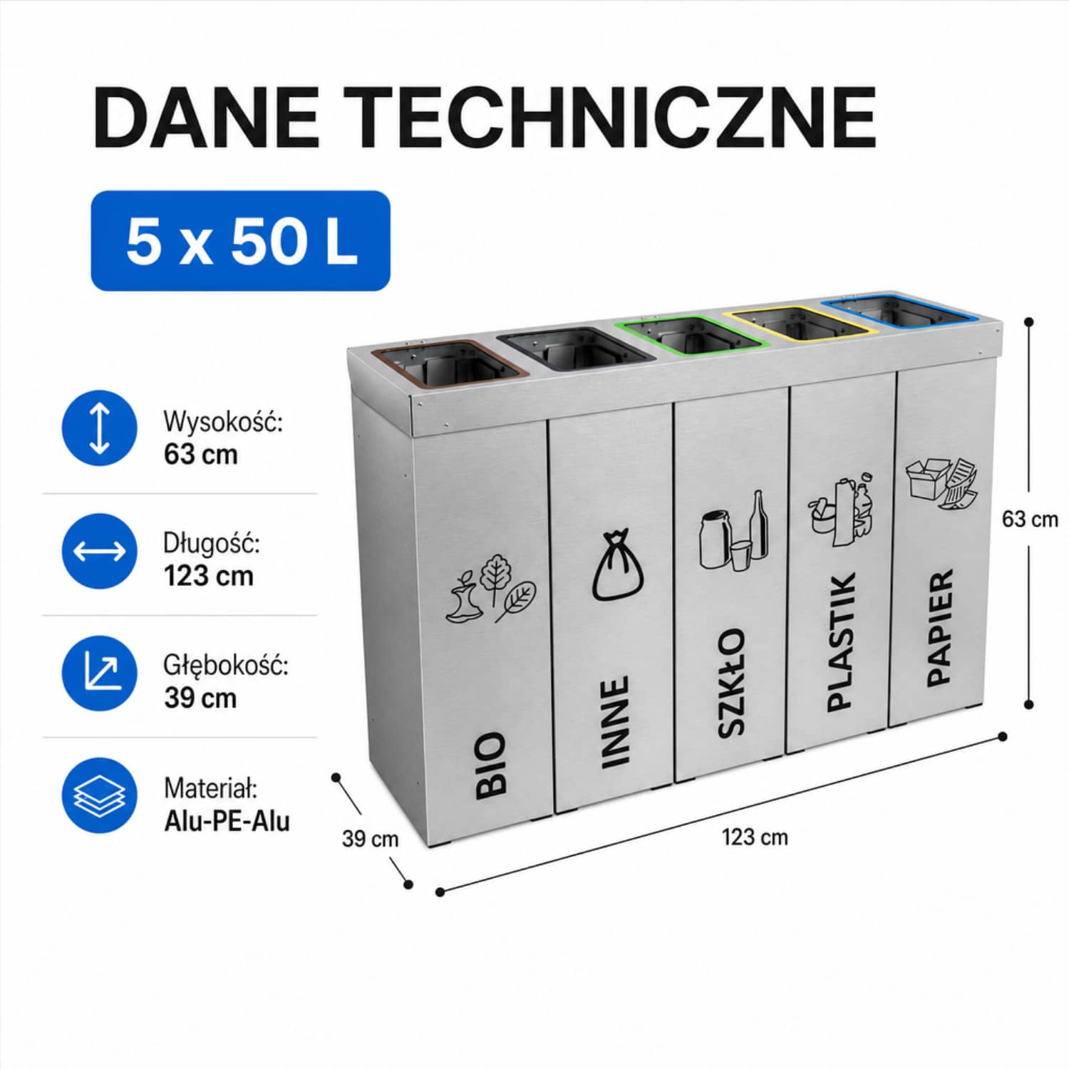 Kosz do segregacji DENEB 5 x 50 L &ndash; wymiary 63 x 123 x 39 cm, korpus Alu-PE-Alu