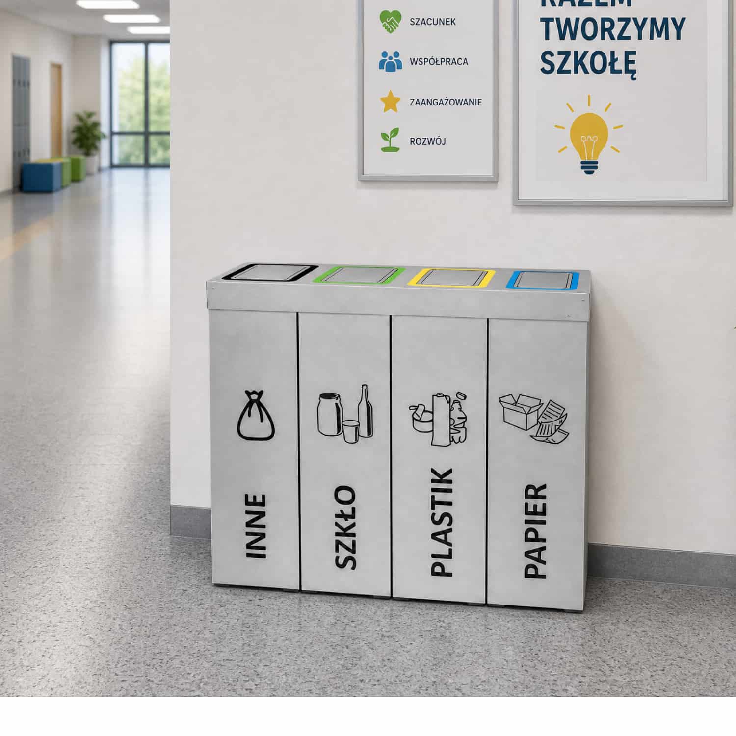 Czterokomorowy kosz do segregacji DENEB 4 &times; 50 L ustawiony na szkolnym korytarzu &ndash; nowoczesna stacja do segregacji szkła, plastiku, papieru i odpad&oacute;w zmieszanych.